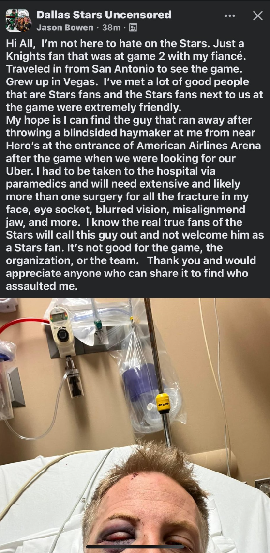 Un fan de Vegas hospitalisé après avoir été agressé par un fan des Stars