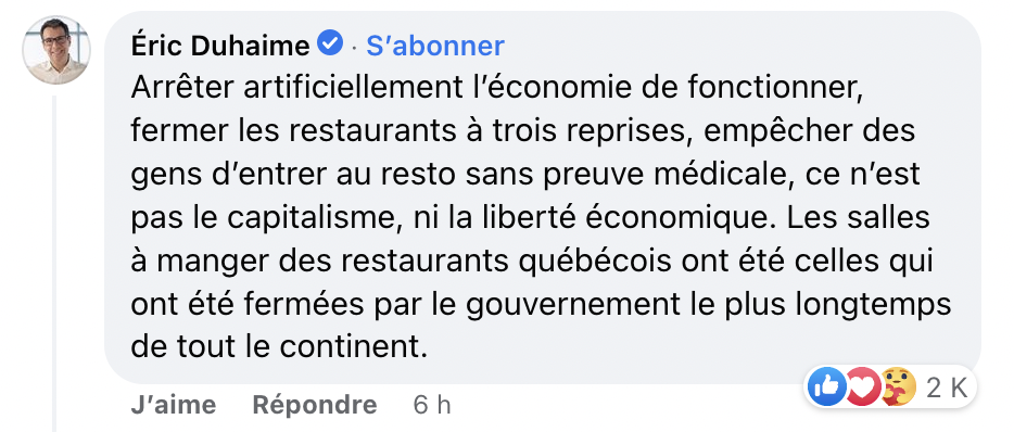 Éric Duhaime pète sa coche contre les prix élevés dans les restaurants