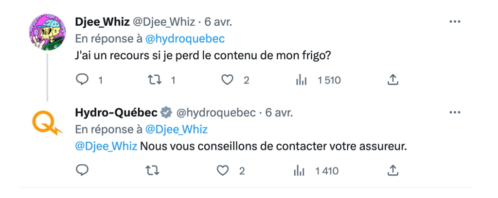 Une femme demande sur Twitter comment regarder les conférences d'Hydro-Québec sans électricité.