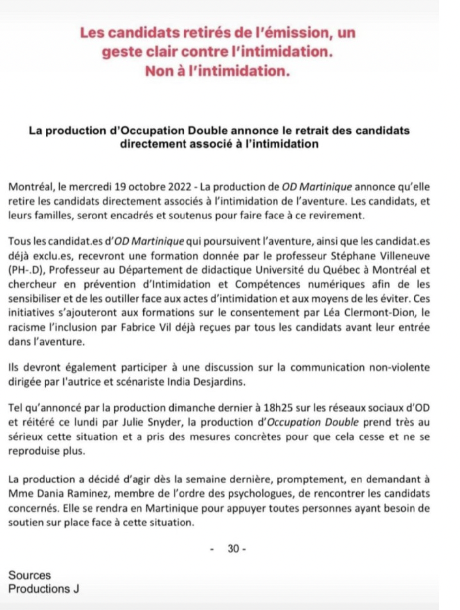 Occupation Double annonce qu'elle retire les candidats liés à l'intimidation