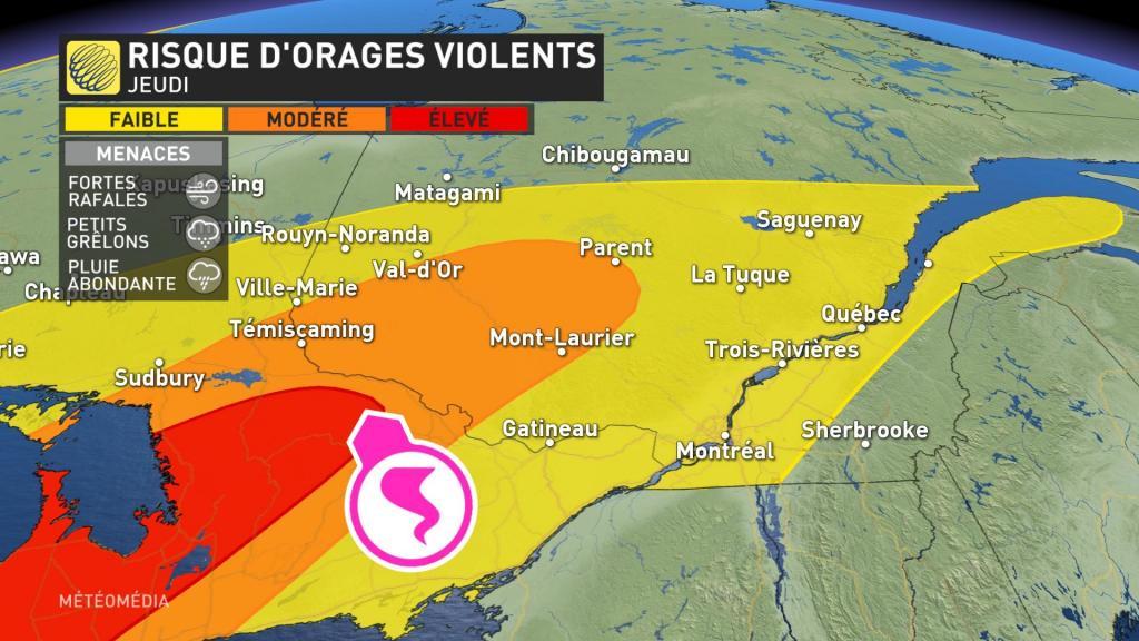 Risque élevé d'orages violents dans certains secteurs du Québec.