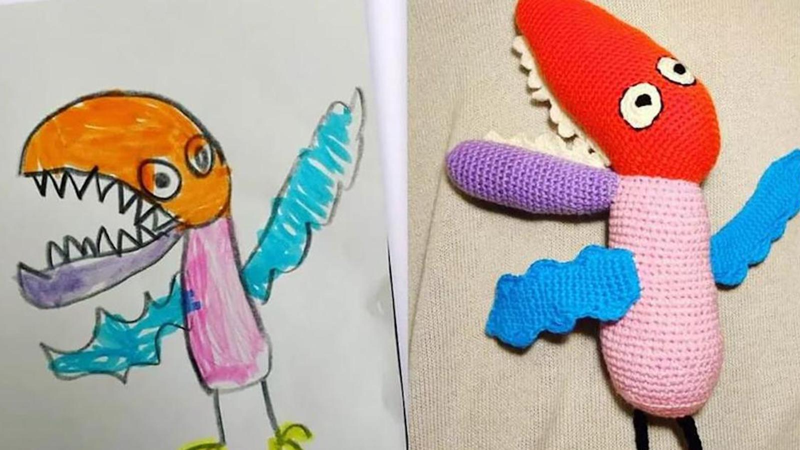 Elle reproduit des dessins d’enfants au crochet