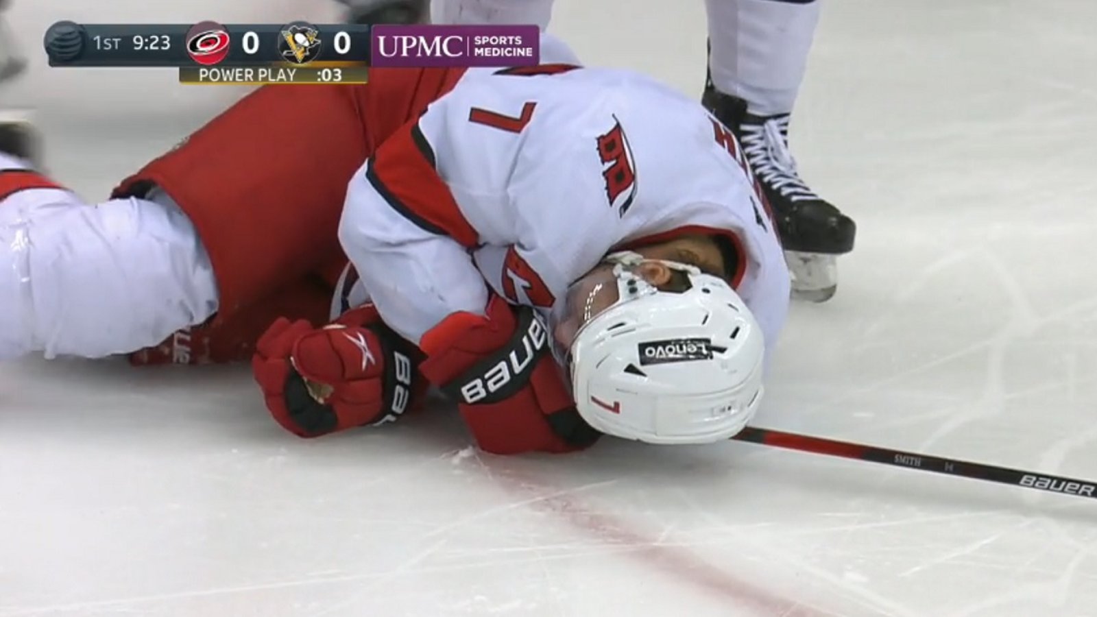 Brendan Smith transported to hospital after taking a puck to the head.