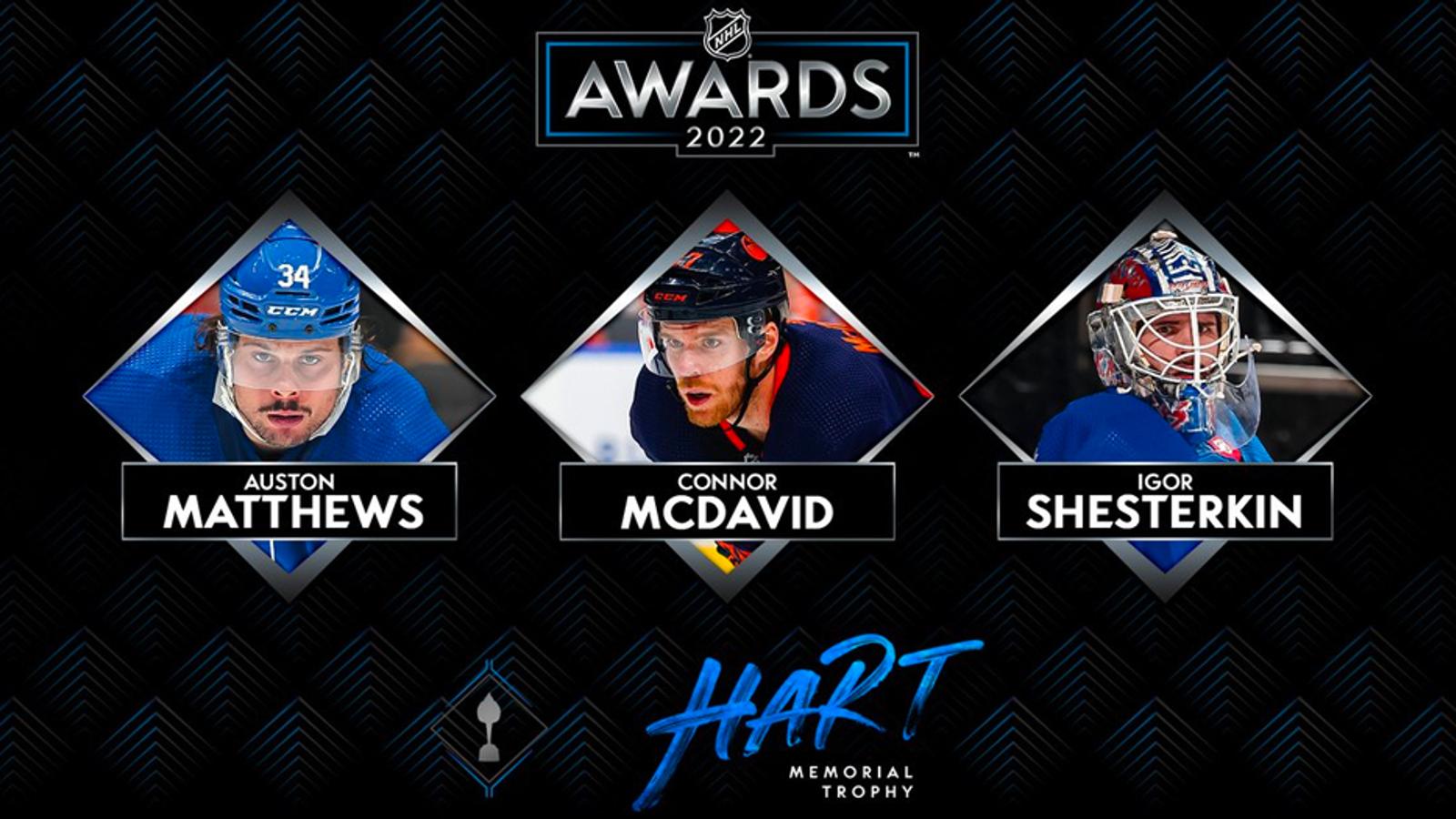 McDavid, Matthews and Shesterkin nominated for Hart Trophy