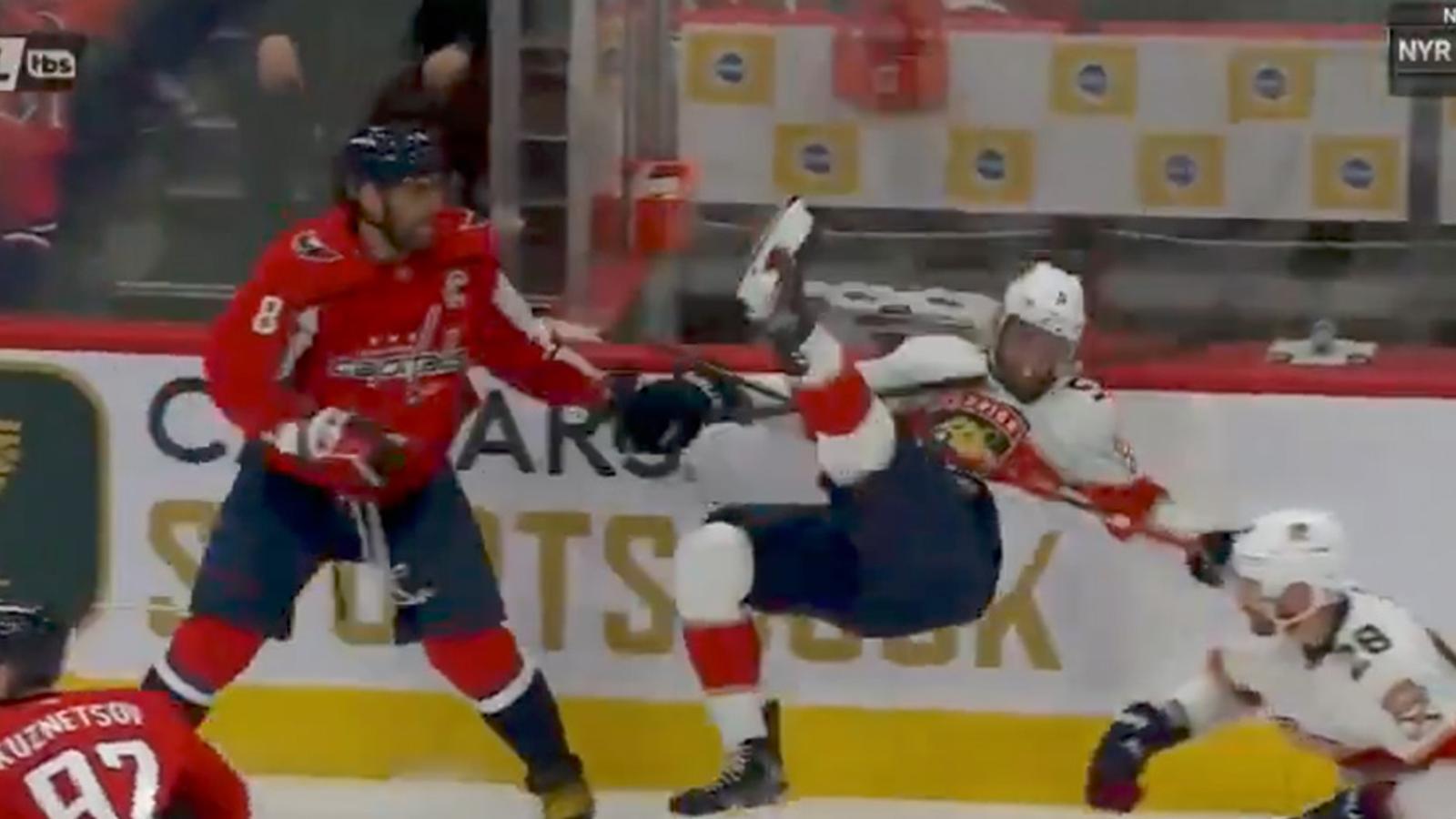 Alex Ovechkin sends Aaron Ekblad down the tunnel with heavy hit! 