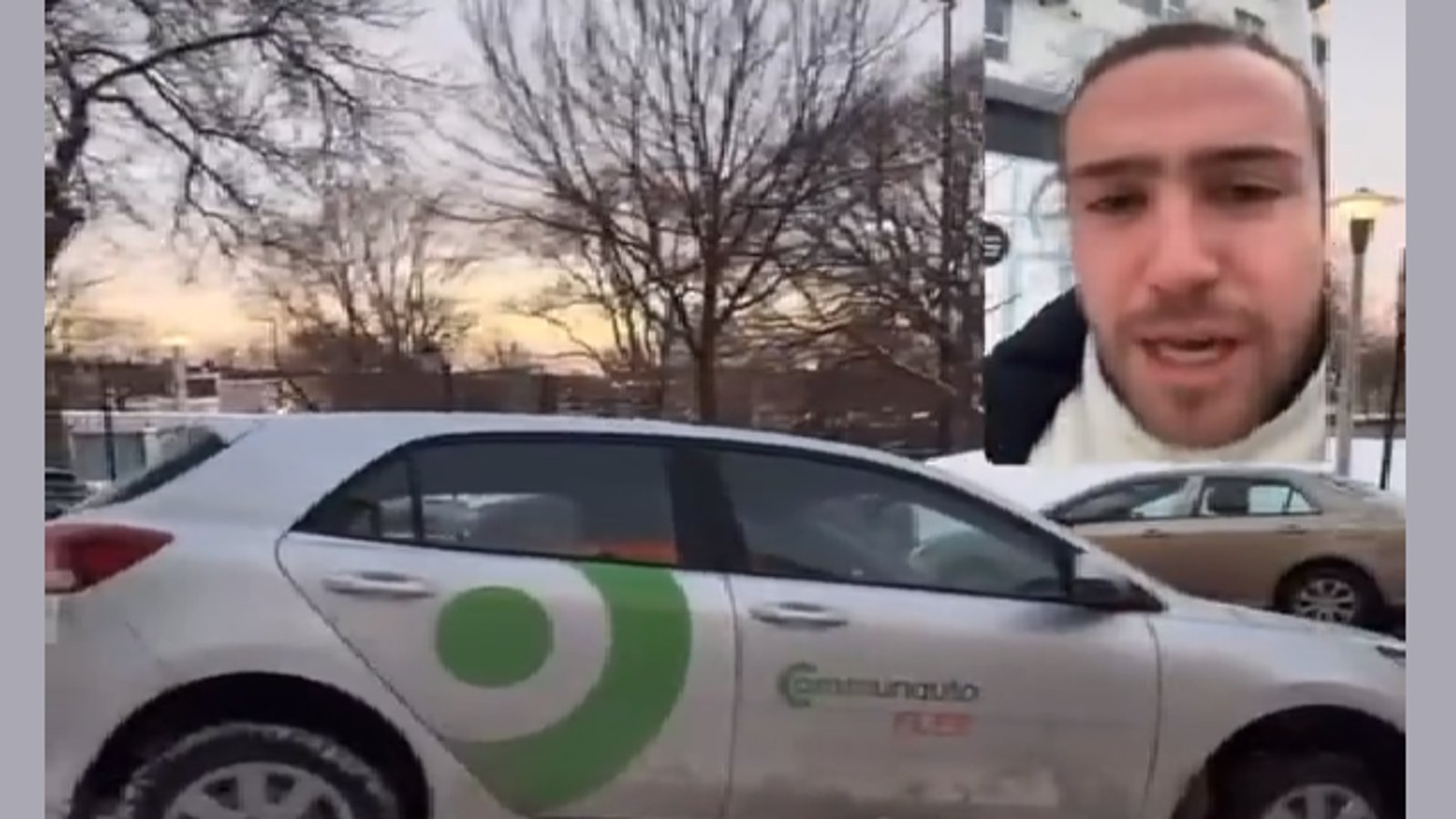 Mathieu Dufour expose une voiture Communauto stationnée sur un banc de neige