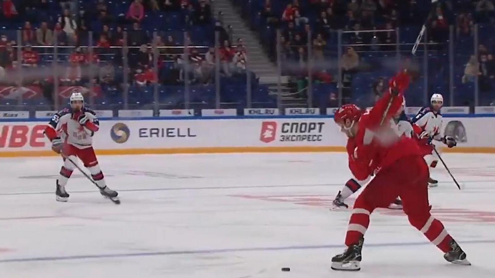 Andrei Kuteikin scores with a bomb from behind his own blue line!