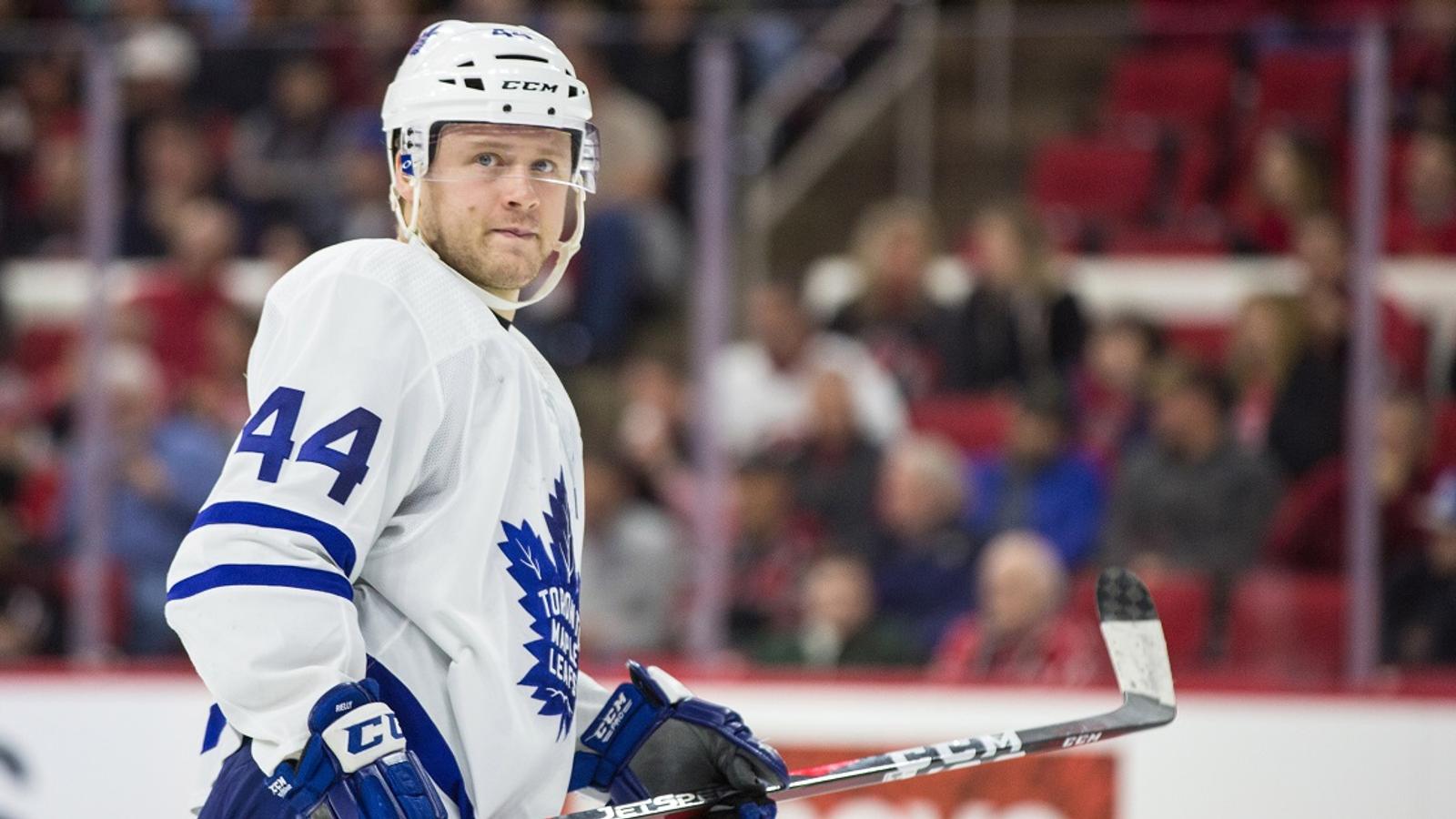 Morgan Rielly suffers an injury on Monday.