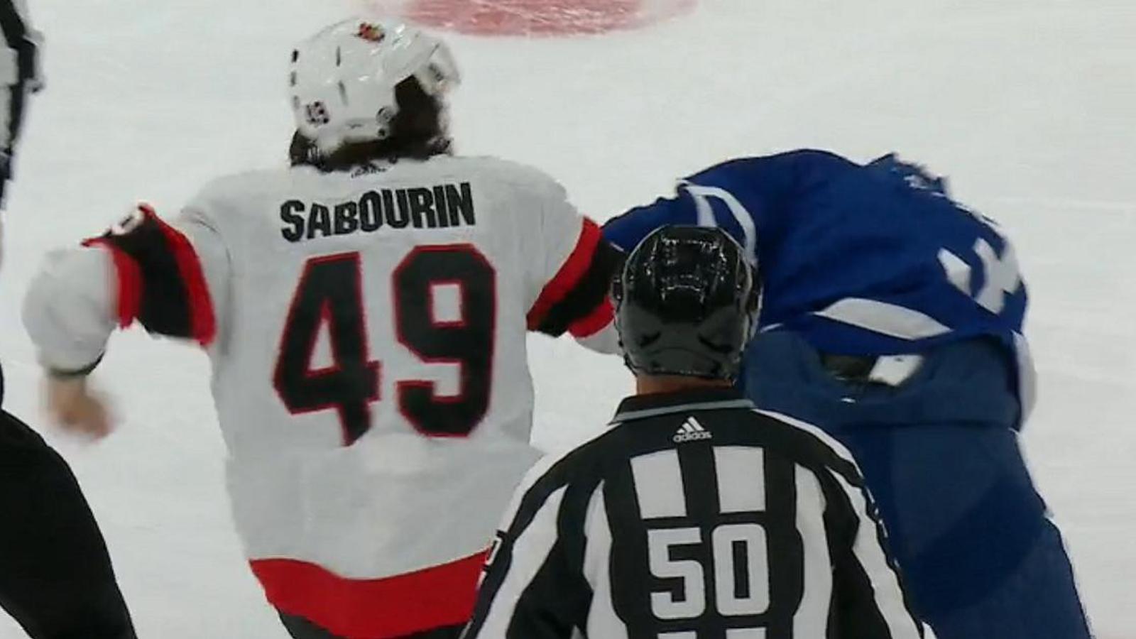 Scott Sabourin and Justin Holl drop the gloves in the final game of the preseason.