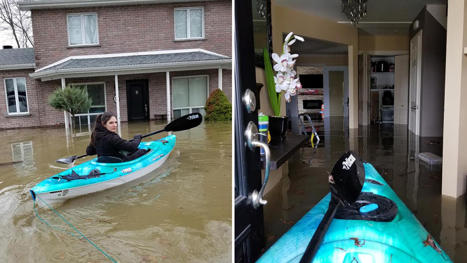 Une mère de deux enfants en larmes et en kayak dans sa maison inondée