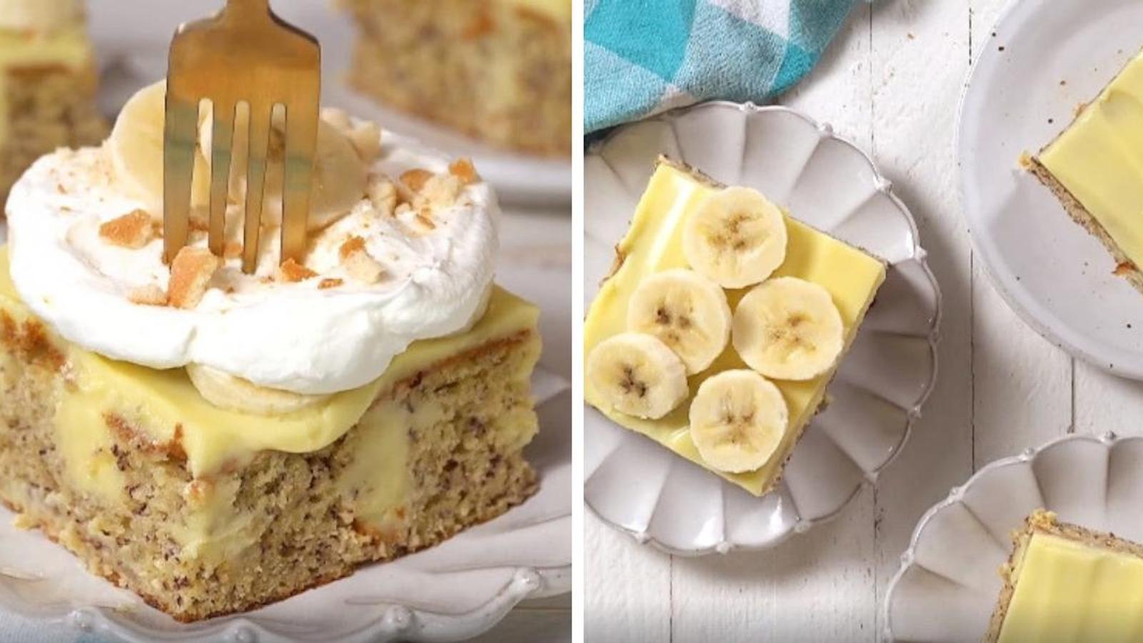 Divin gâteau vanille-bananes nappé de pouding onctueux